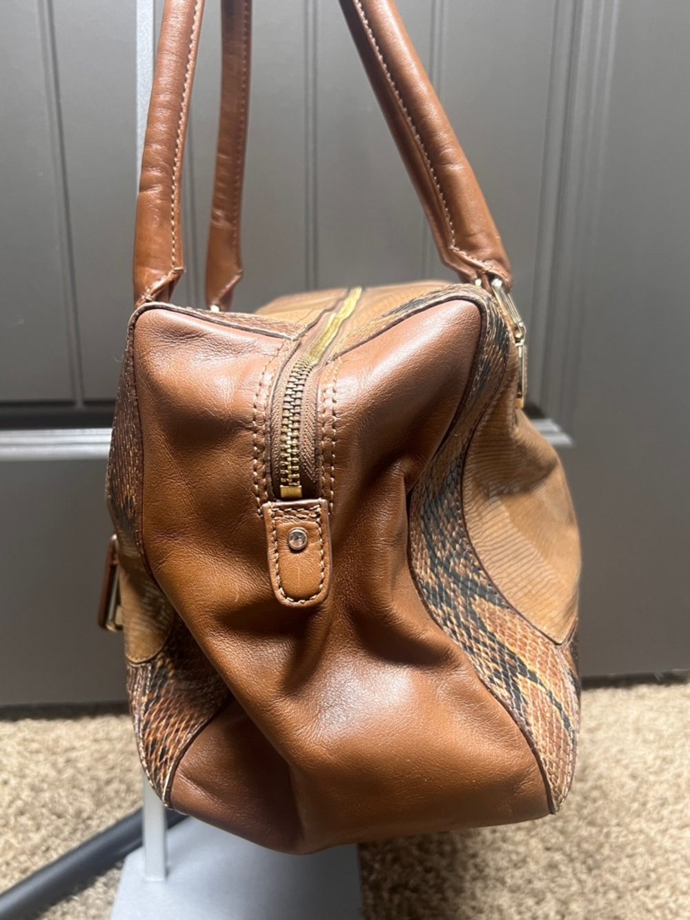 Cole Haan Snakeskin Brown Purse with Orange Interior - Picture 6 of 10